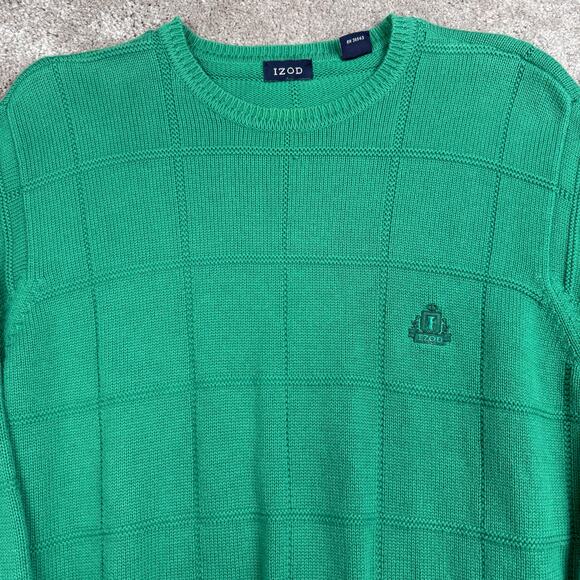Green Izod Sweater Size M Cotton Checker Texture Knit Pullover Golf Preppy - Picture 2 of 4